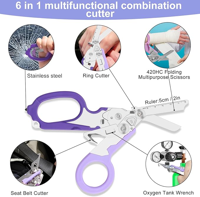 6-in-1 Heavy-Duty Emergencytrauma shears Folding Retractable Emergency Shears Outdoor Camping Tools Seat Belt Cutter Oxygen Cylinder Wrench Complimentary Adjustable Wrench (Purple)