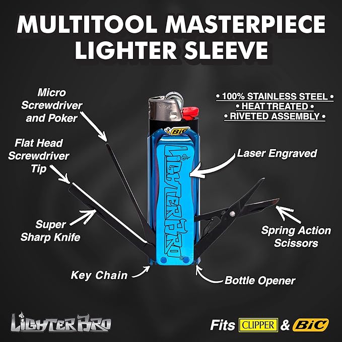 LighterBro Lighter Sleeve - Multi-Tool - 420 Stainless Steel - Easily Fits Your Favorite Lighters - Includes Mini Knife Ruler Scissors Screwdriver Poker Key Ring &amp More (Stealth/Blue Steel)