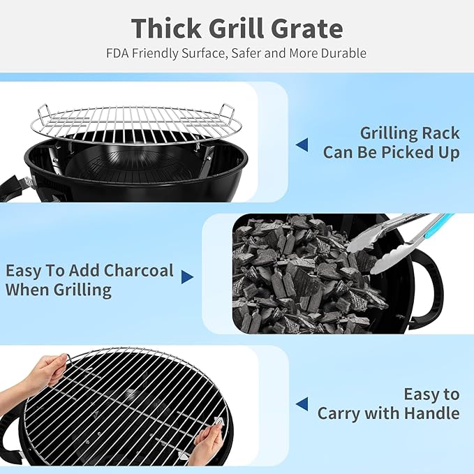 18.5-Inch Portable Charcoal Grill Heavy Duty Kettle BBQ Smoker with Built-in Thermometer &amp Removable Water-Rinsable Ash Catcher for Outdoor Camping Patio Backyard and Tailgating