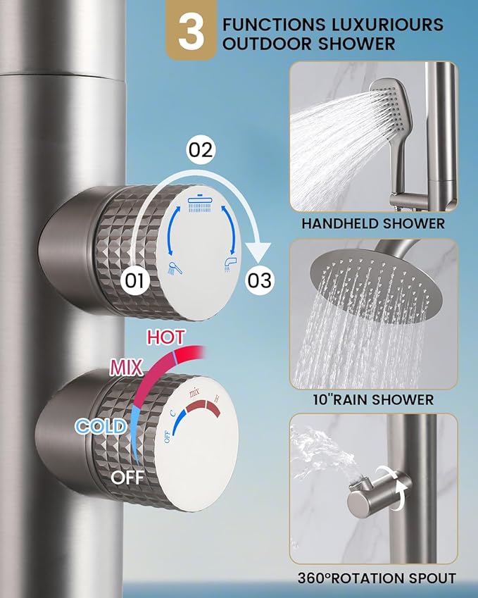 316 Marine Grade Stainless Steel Free Standing Outdoor Shower with Foot Wash 3-Function Nickel Shower Kit with 10''Rain Shower HeadOutdoor Shower Fixture for Backyard Beach Poolside