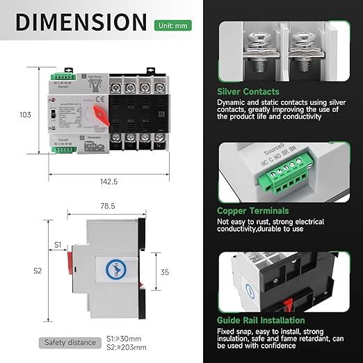 100Amp AC110V Automatic/Manual Transfer Switch 4P 50/60Hz 4POLE 100A Mini ATS Solar Auto Dual Power Switch W2R for Home Generator Din Rail Mount Cn Automatic Changeover Fast Transfe forRvLv Power