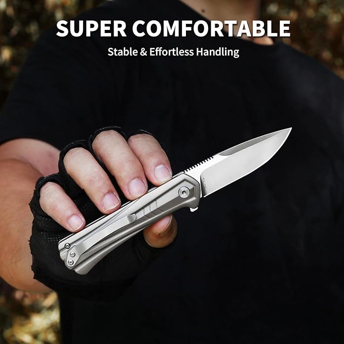 Small EDC Pocket Knife for Men &amp Women - 3 Drop Point D2 Blade Titanium Handle with Button Lock &amp Pocket Clip | Small Slim Cool Folding Knife for Daily Carry Camping Hiking &amp Outdoor Us