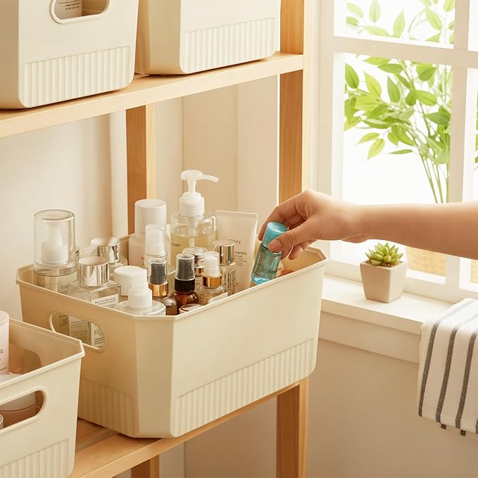 ANMINY 8PCS Plastic Storage Bins Containers with Lids Large Storage Organization Bins Boxes Lidded Plastic Storage Baskets for Closet Shelves Desktop Ivory Lids 1XL + 1L + 2M + 4S