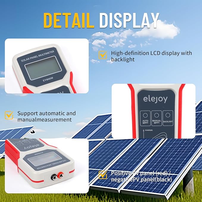 800W Solar Panel Tester Digital PV Multimeter with Smart MPPT Tracer 12-60V Voc 0-35A Isc Battery-Free with LCD Display MC4 &amp Alligator Clips EVA Case for Solar Power Test