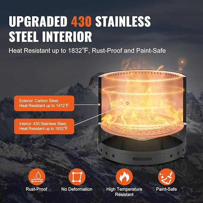 VEVOR Smokeless Fire Pit Stove Bonfire H: 17 in x Dia: 28 inWood Burning Fireplaces with Removable Ash Pan SUS430 Stainless Steel Inner Portable Outdoor Firepitfor Outdoor Patio Camping Black