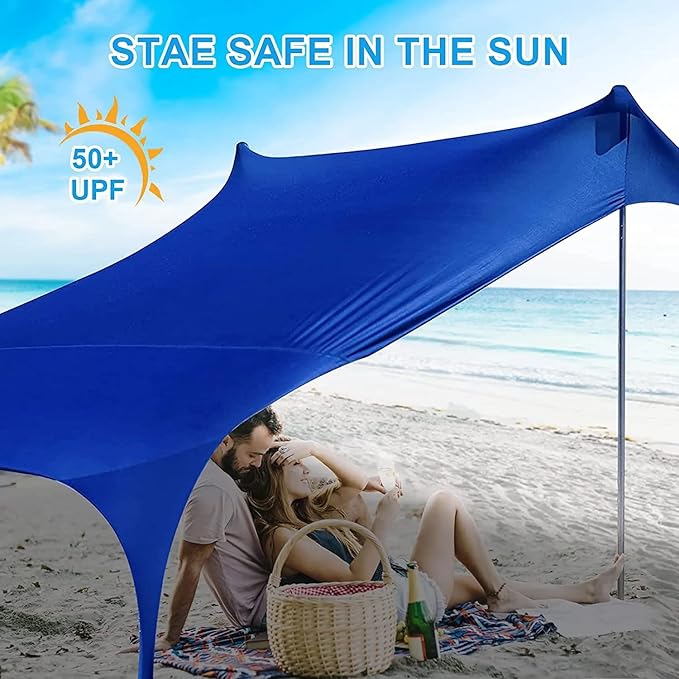 YUEWO Beach Canopy Sun Shade with UPF 50+ UV Protection Beach Tent Sun Shelter with Sandbags Poles and Ground Pegs Anti-Wind Ropes Outdoor Pop Up Tent for Camping Backyard and Picnics