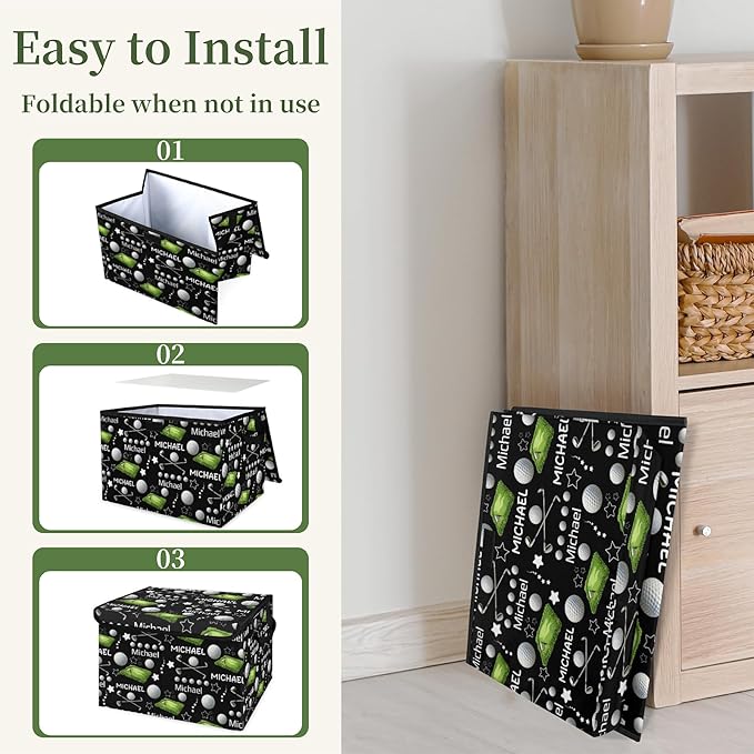 Golf Ball Custom Storage Bins with Lid Foldable Fabric Personalized Storage Basket Box with Handle Storage Organizer Container for Home Bedroom Closet
