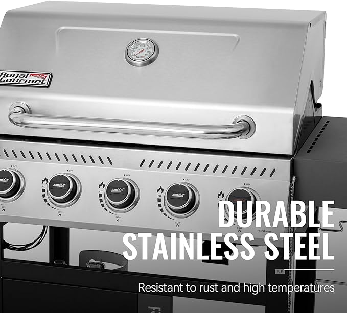 Royal Gourmet GA5406TS 5 Burner Propane Gas Grill with Side Burner and Sear Burner Cart Style Gas BBQ Grill with Porcelain-Enameled Cast Iron Grates for Backyard Cooking Silver &amp Black