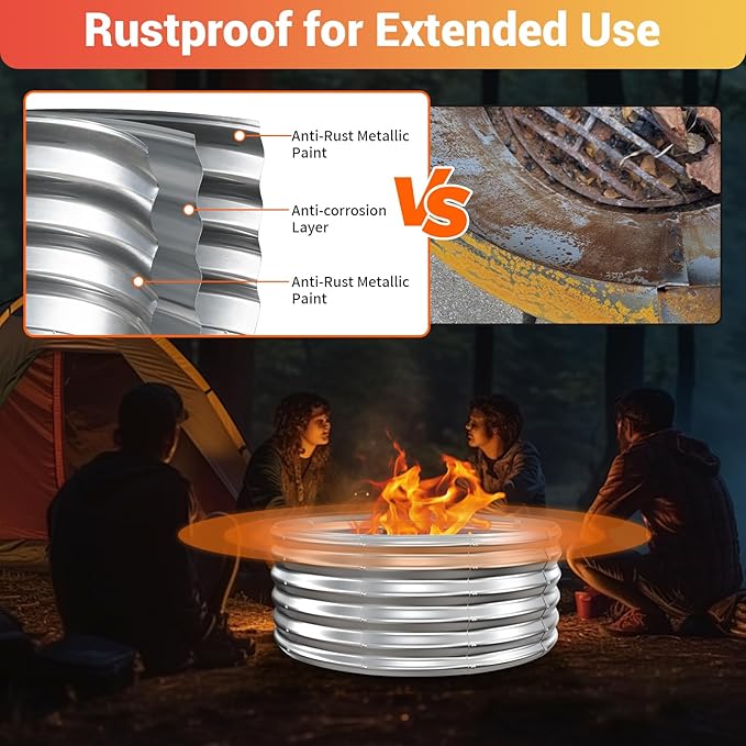39 Inch Fire Pit Ring for Outside 17'' Tall Heavy Duty FirepitWood Burning DIY In Ground or Above-Ground Outdoor Heavy Duty Galvanized Steel Fire Pits for Backyard Bonfire Patio &amp Camping