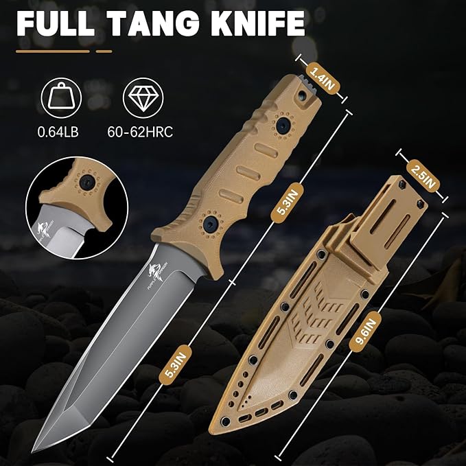 Purple Dragon Khaki Fixed Blade Outdoor Knife with Kydex SheathsD2 Steel Camping Knives for BushcraftHiking and WildernessFull Tang G10 Handle Gifts for Men