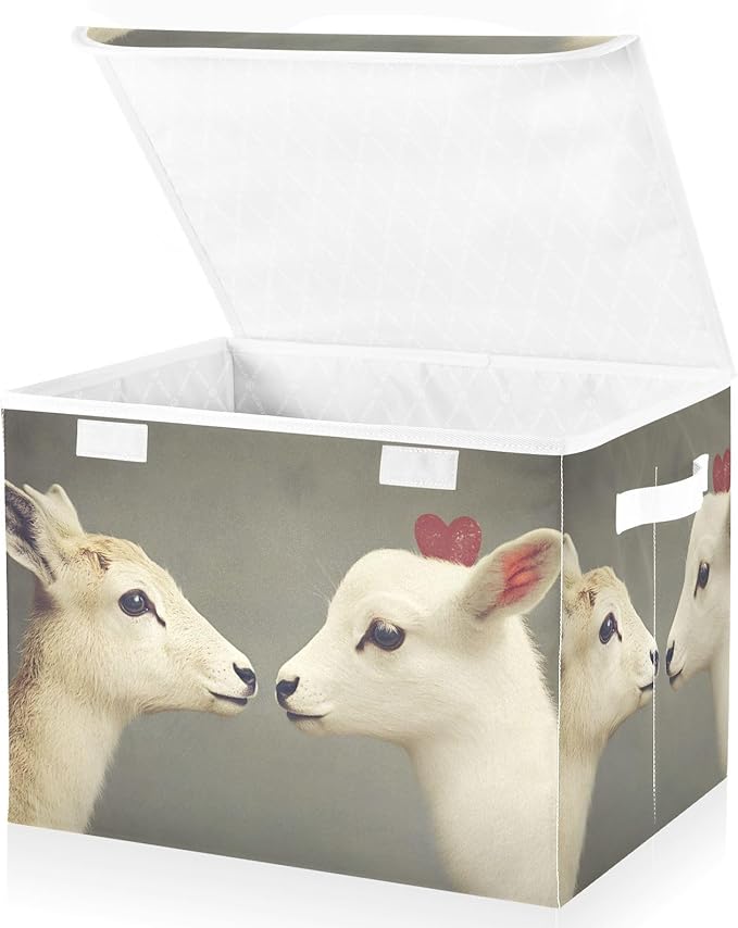 AIXIWAWA Lidded Storage Cube (Cute Sheep Love) Fabric Foldable Closet Bins with Flip Lid and Handles Organizer Basket Container 16.5 x 12.6 x 11.8 IN