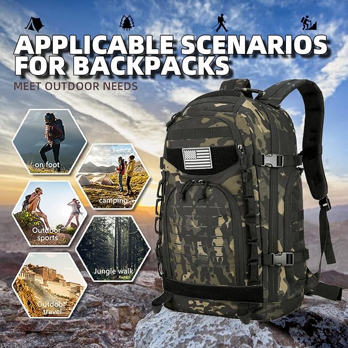 25L/45L Tactical Backpack Military Tactical Backpack Heavy Duty Molle Assault Pack for Work Gym Outdoors (2.0 45L-Black Camo Large)