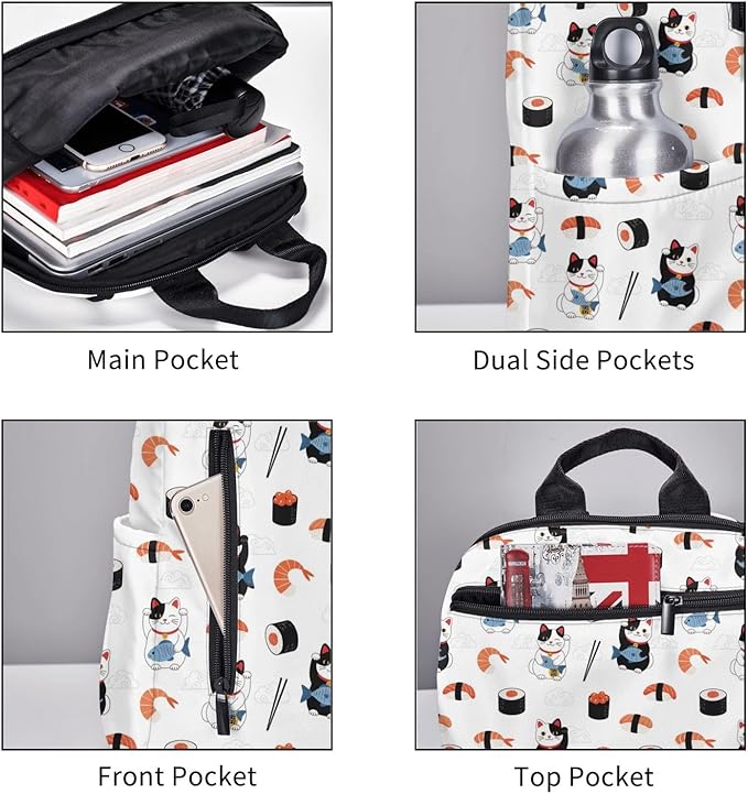 Travel Laptop Backpack Business Anti Theft Japanese sushi and lucky cat Durable Backpack College Computer Bag Gifts for Men &amp Women