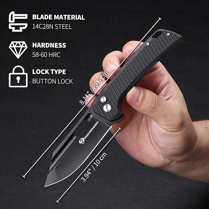 8.11 Large Pocket Knife for Men B-26 3.94 14C28N Blade Large Tactical Pocket Knife with G10 Handle Upgraded Reinforced Lock Includes Pocket Clip and Nylon Sheath for Camping Survival