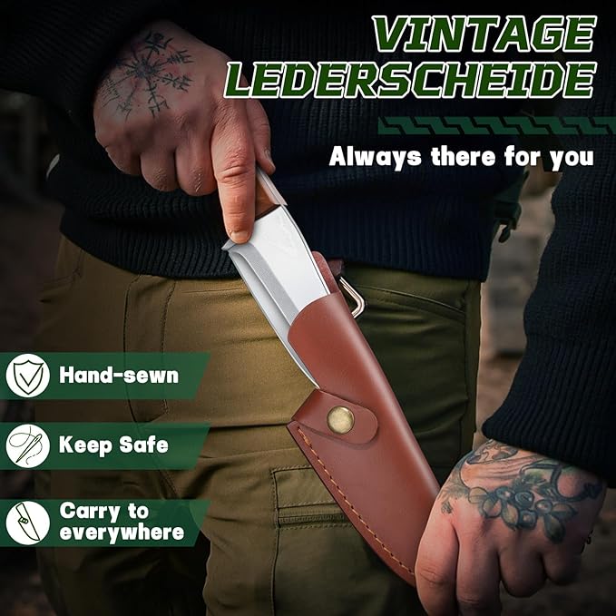 Huusk Bushcraft Knife Fixed Blade Hunting Knives with Leather Sheath 5 Survival Knife Japan Carbon Steel Full Tang Outdoor Camping Knives for Men Dad Present