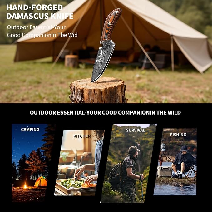 SODEN Damascus Camping KnifeVG-10 Fixed Blade Survival Tool with Bottle Opener for Outdoor Hunting &amp Hiking | Full Tang &amp Ergonomic Handle