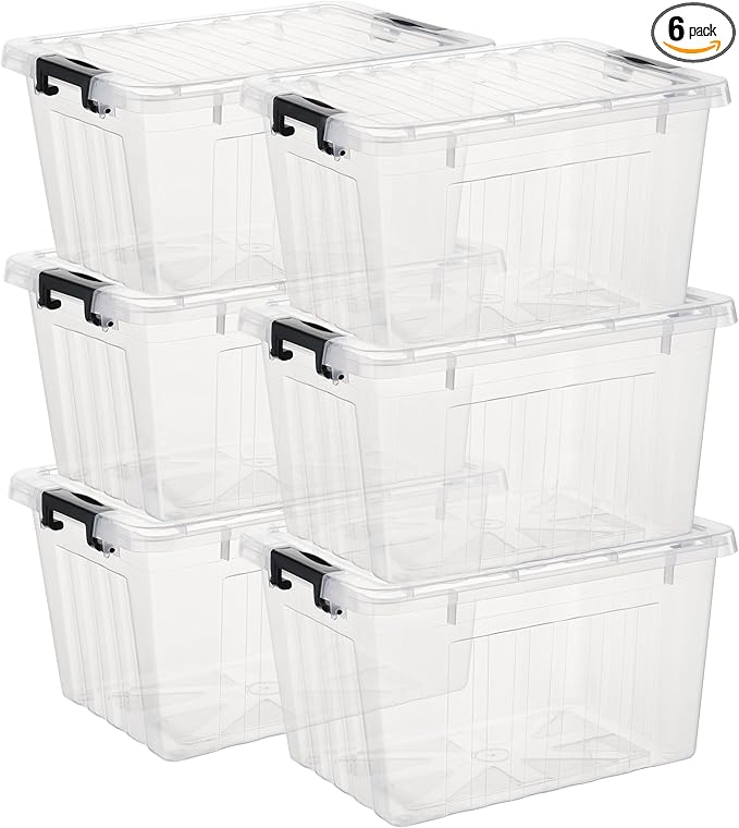Cetomo Lidded Storage Bin Stackable Storage Box Organizing Container with Lid and Snap Lock Durable Plastic Clear 18 Quart Pack of 6
