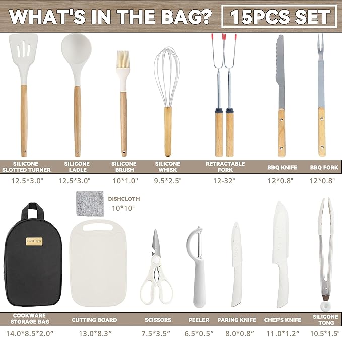 Camping Accessories Kitchen Cooking Utensils Set - Portable Outdoor Camp Cookware Set Silicone Camper Essentials Gear Must Have Supplies for Travel RV BBQ Grill Picnic Hiking