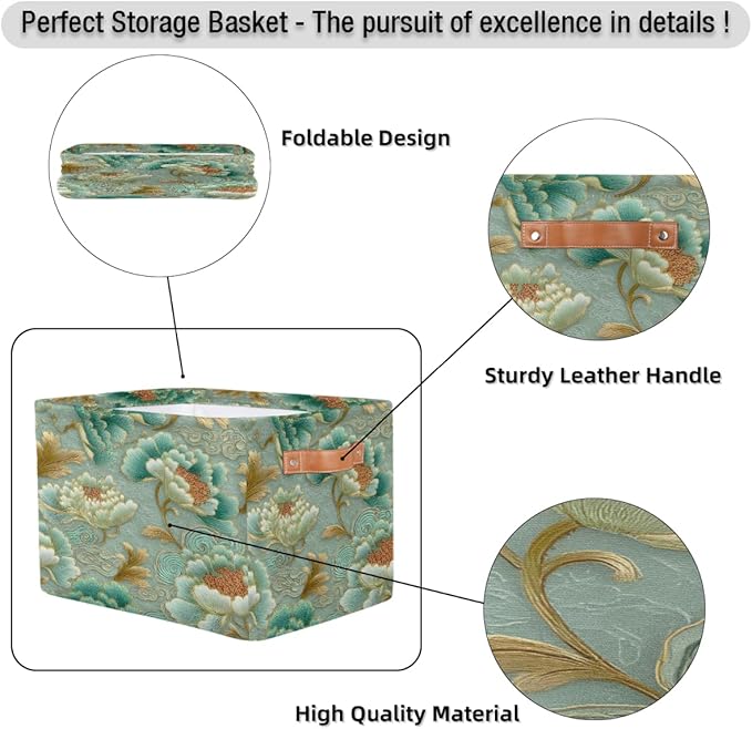 Pardick Teal Flower Floral Basket Storage Bins Large Fabric Toys Storage Cube Box with Handles Collapsible Closet Shelf Cloth Organizer Basket for Nursery Bedroom Bathroom Holiday Gift