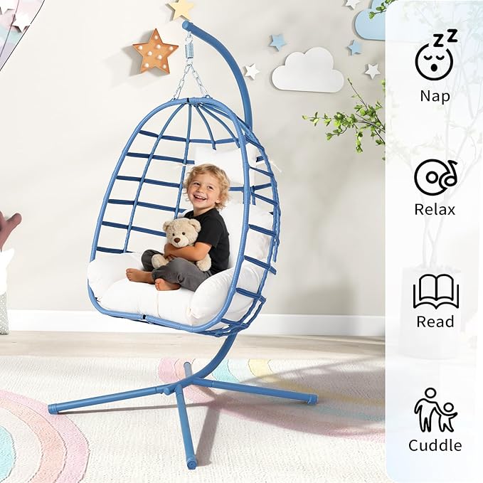 Hanging Egg Chair with Stand Outdoor Indoor Patio Rattan Swing Hammock Chairs with Washable Cushion 350lbs Capacity PE Wicker Swing Chair for Backyard Bedroom Garden (Blue + White Cushion)