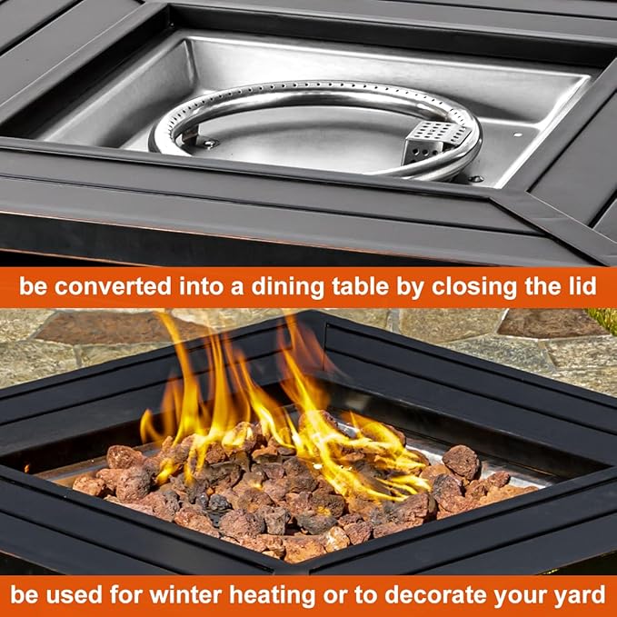 OutVue 28 inch Propane Fire Pit TableGas Fire Pits Table for Outside50000 BTU Propane Firepit with Lid &ampLava RocksGas Firepit for GardenYard (Black)