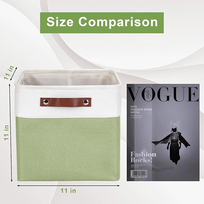Collapsible Fabric Storage Cubes 11x11 Cube Storage Bins 4 Pack Closet Baskets Box with Handles for Organizing Shelf Toys Clothes Home Office Nursery (Green&ampWhite)