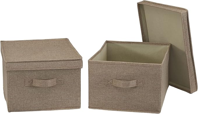 Household Essentials Large Fabric Storage Bins 2 Pack Soft Poly Linen with Sturdy Sides Attached Handle and Fully Removable Lid Brown