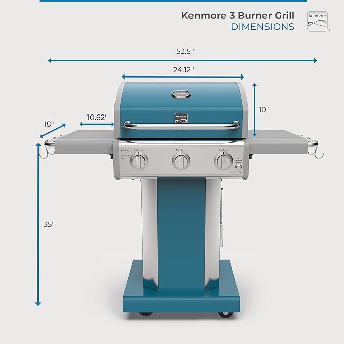 Kenmore 3-Burner Propane BBQ Grill 30000 BTUs Gas Grill with Cast Iron Cooking Grates Folding Side Tables &amp Wheels Outdoor Grill with Tool Hooks Teal