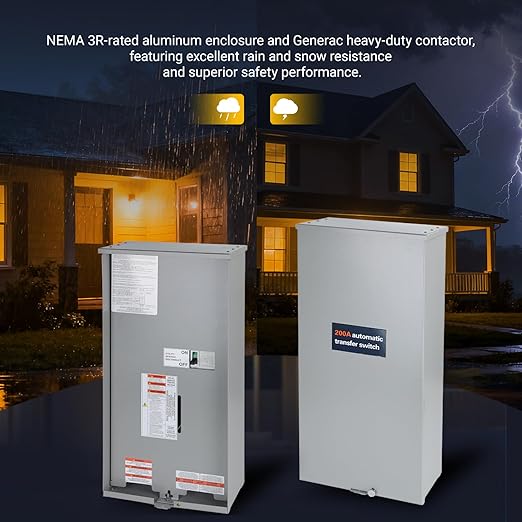 Universal 200A Automatic Transfer Switch with Power ManagementReplacement for Generac RXSW200A3. Features a Rugged NEMA 3R Aluminum Enclosure for Outdoor use.