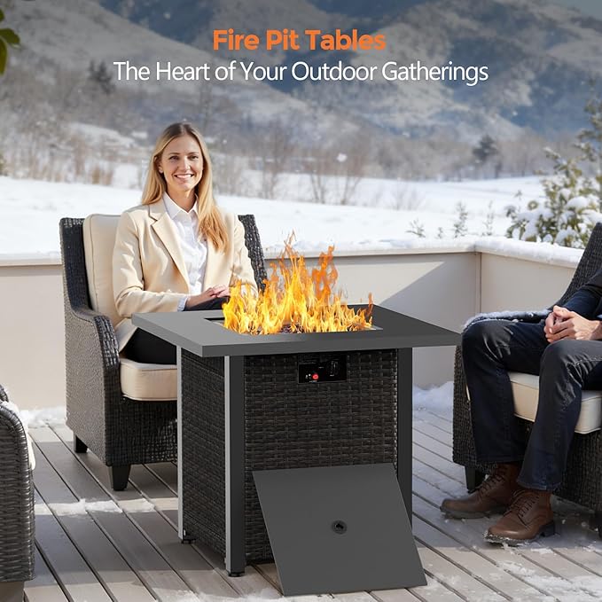 COWSAR 28 Rattan Square Propane Fire Pit Table 50000 BTU Outdoor Gas Fire Pit Includes Lid and Lava Rocks for Patio Deck Garden Warmth and Ambiance Black