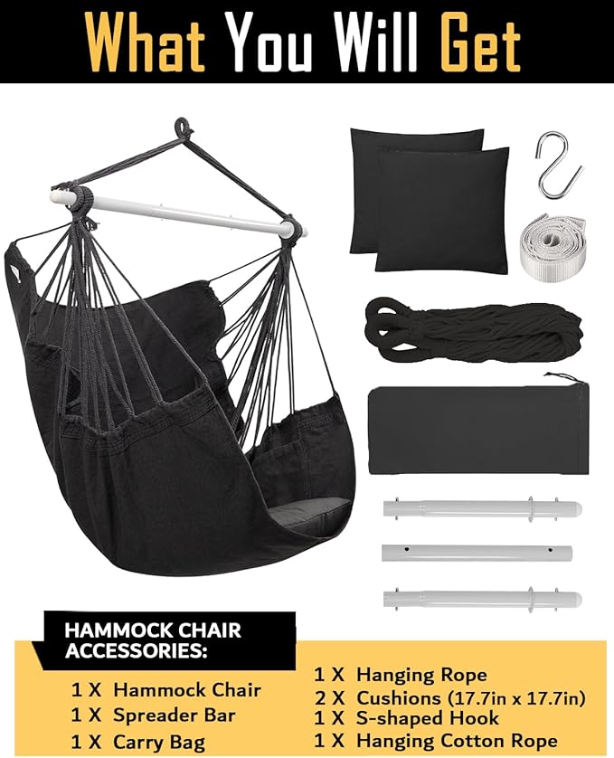 ADVOKAIR Hammock Chair Swing Heavy-Duty Hanging Rope Swing Seat Supports 500 Lbs Ideal for Outdoor Patio Backyard Porch Deck &amp Indoor Bedroom Use