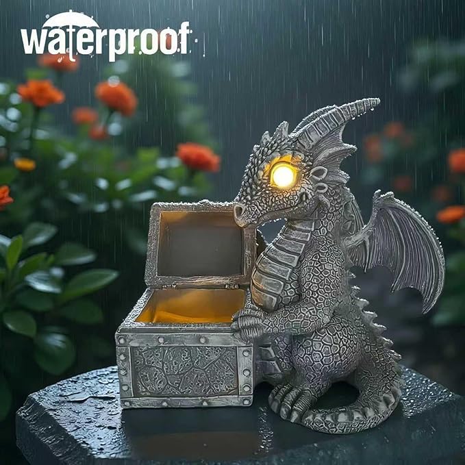 LED Solar Powered Dragons Opening Treasures Box Light Outdoor Atmosphere Decoration lamp Cute Resin Dragon Garden Landscape Lights.