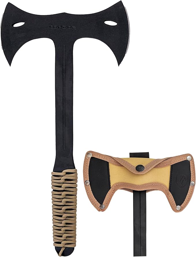 Condor Tool &amp Knife Throwing Axe Double Bit - 1075 High Carbon Steel - Solid Felling Axe with Canvas with Leather Belt Loop Sheath - Steel Handle Wrapped in Paracord - 7in Blade - 26.8oz