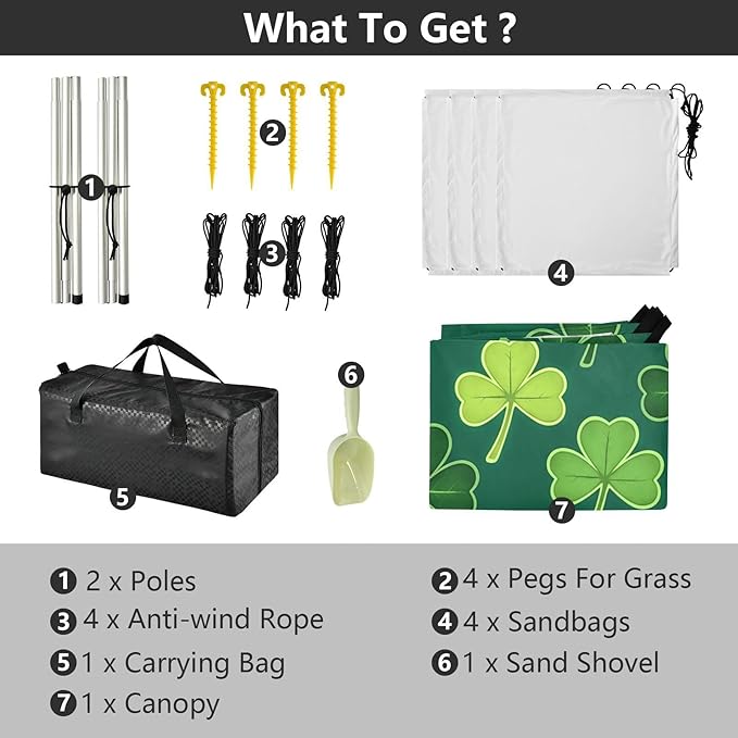 Beach Canopy with Windproof Ropes &amp Sandbags Beach Tent Sun Shade Sun Shelter for Camping Trips Fishing Backyard Fun or Picnics St. Patrick's Day Clover