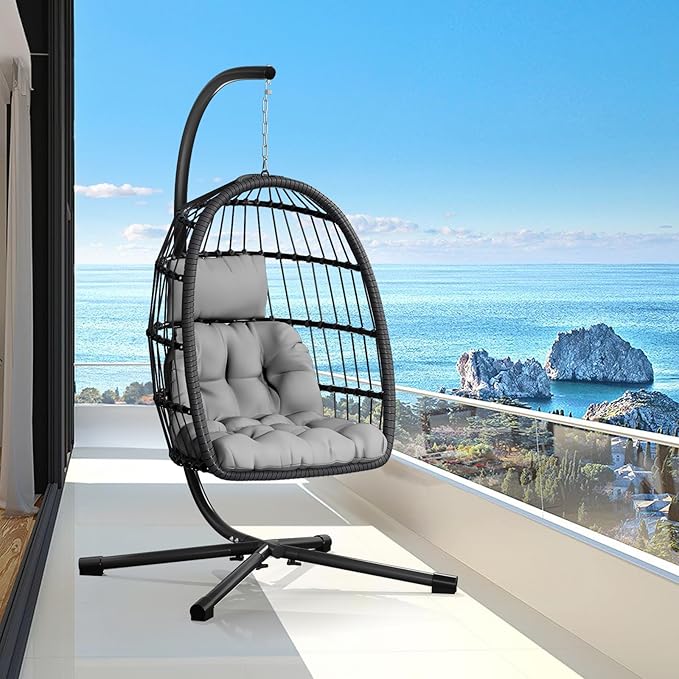 CHABATREE Egg Chair with StandPatio Rattan Wicker Hanging Swing Egg Chair Hammock Chair for Bedroom Porch GardenThickened Aluminum Alloy Steel Frame and UV Resistant Cushion350LBS Capacity