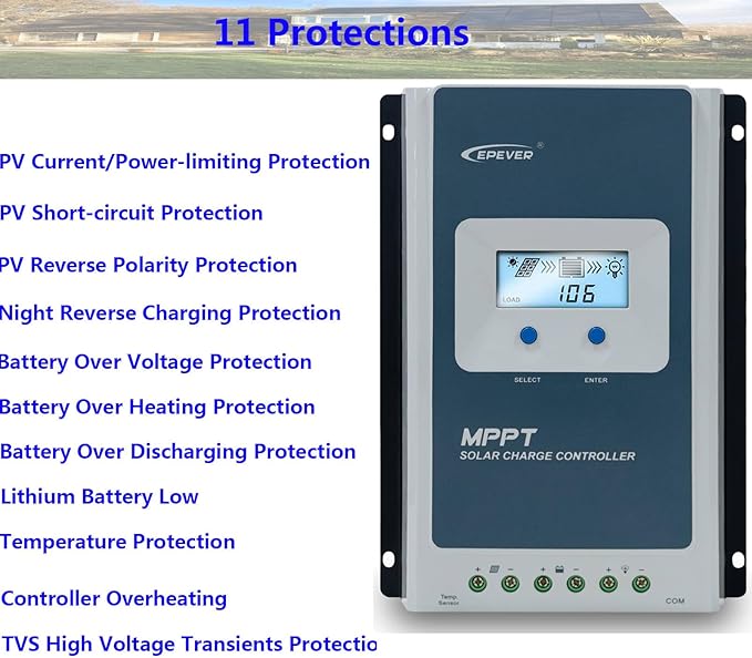 EPEVER 40A 12/24V Auto Identify MPPT Solar Charge Controller with Remote Control of LCD Display Adjustable Parameters and Temperature Sensor Support Lithium (Tracer 4210AN MT50 Sensor)