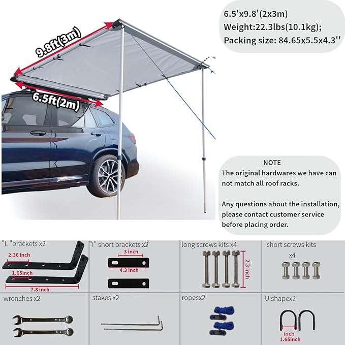 DANCHEL OUTDOOR Car Awning 6.5x9.8ft Roof Rack Pull-Out Sun Shelter Canopy Waterproof 4x4 Vehicle Side Overland Awning Camping Gray