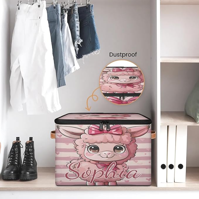 Custom Storage Basket with Name Personalized Storage Bins with Zipper Lid Foldable Fabric Storage Box Large capacity with Handle Bow Alpaca