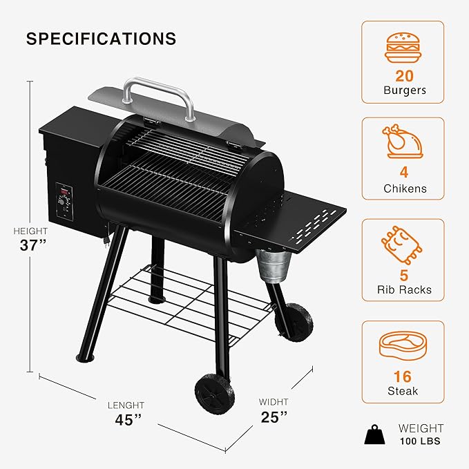 Wood Pellet Grill 440 SQ. IN Cook Area Pellet Smoker Grill 12LBS Hopper Pellets Grill 500℉ Max Temperature&ampAuto Feed 8 in 1 BBQ Grill Outdoor with Side Table Grease Bucket