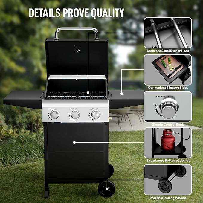 Bonnlo 3 Burners Portable Gas Grill with Enameled Cast Iron Grates Powerful 36000 BTU Propane Grill with Side Shelf &amp Bottom Cabinet Outdoor Grill with Wheels for Patio Backyard Garden BBQ Use