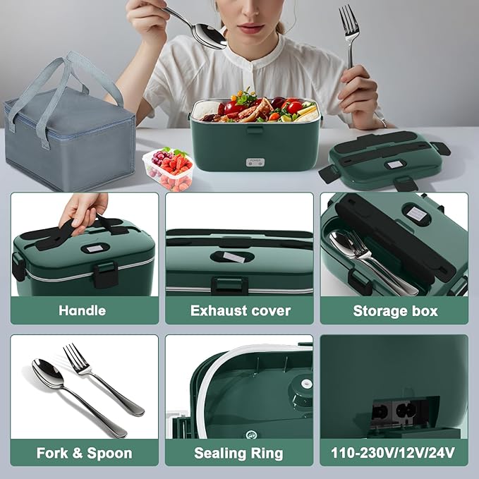 DUPASU Electric Lunch Box Food Warmer: 100W Heated Lunch Box for Adults 1.8L Portable Fast Heating Lunchbox Food Heater for Car Truck Work Travel Lonchera Elctrica 12/24V/110-230V