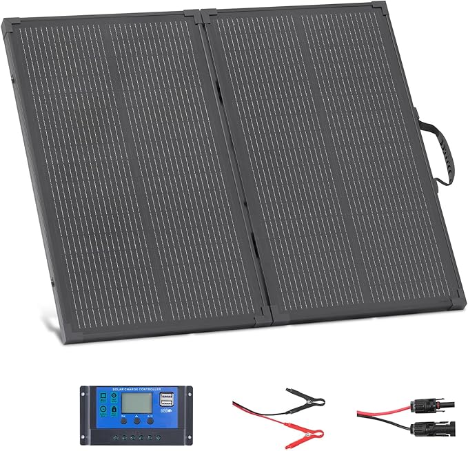 VEVOR 100W Foldable Solar Panel with Frame 16BB N-Type Portable Monocrystalline Solar Panel Charger 24% Efficiency IP67 Waterproof with 30A PWM Controller &amp MC4 Output for Camping Hiking RV Tr