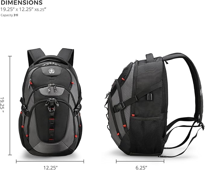 Swissdigital Design Laptop Backpack with USB Charging Port Travel Backpack Fits 15.6 inches Computer 31L College School Backpack for Men Black/Grey | SD803-02