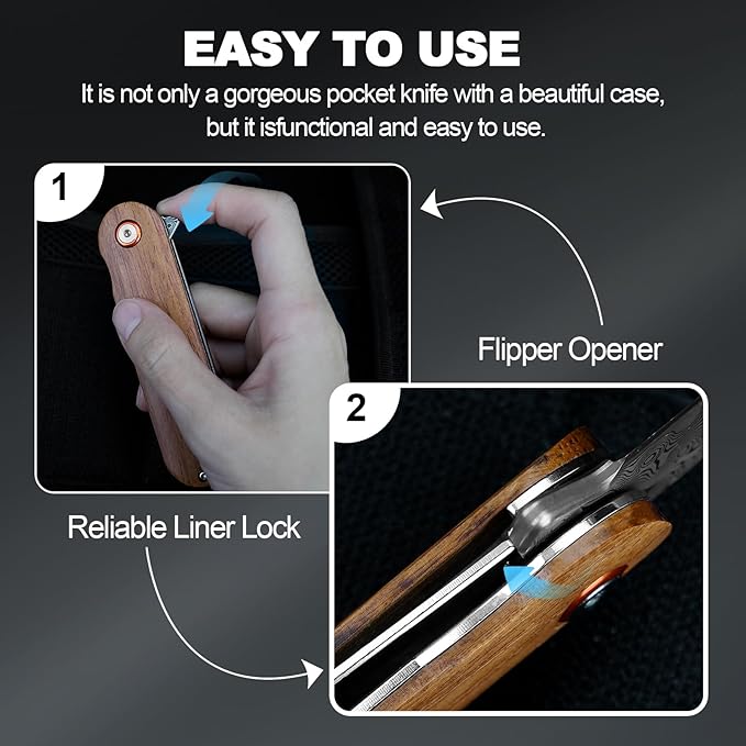 Zingbee Damascus Pocket Knife 2.95 Damascus Steel Blade Pocket Knives &amp Folding Knives Wooden Handles EDC Knife for Women Men