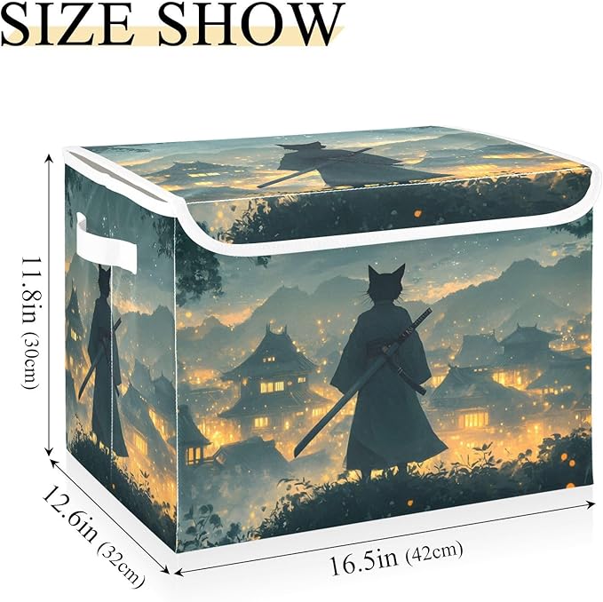 AIXIWAWA Lidded Storage Cube (Samurai Cat) Fabric Foldable Closet Bins with Flip Lid and Handles Organizer Basket Container 16.5 x 12.6 x 11.8 IN