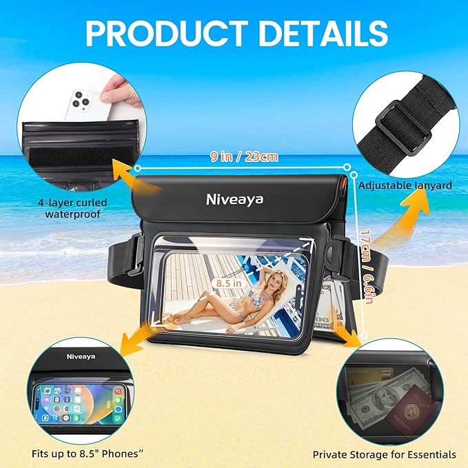 Niveaya Double Space Waterproof Fanny Pack IPX8 Waterproof Pouch Dry Belt Bag for Beach Kayaking Swimming Touchscreen &amp PhotographyBoat Travel Essentials for Women Men(2 Pack)