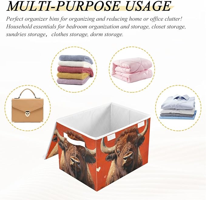 AIXIWAWA Lidded Storage Cube (Bison Heart) Fabric Foldable Closet Bins with Flip Lid and Handles Organizer Basket Container 16.5 x 12.6 x 11.8 IN