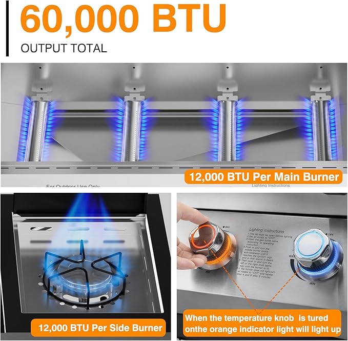 4 Led Burner Propane Gas Grill with Side Burner 60000 BTUs Output Stainless Steel Propane Grill for Outdoor Cooking and Patio Backyard Barbecue