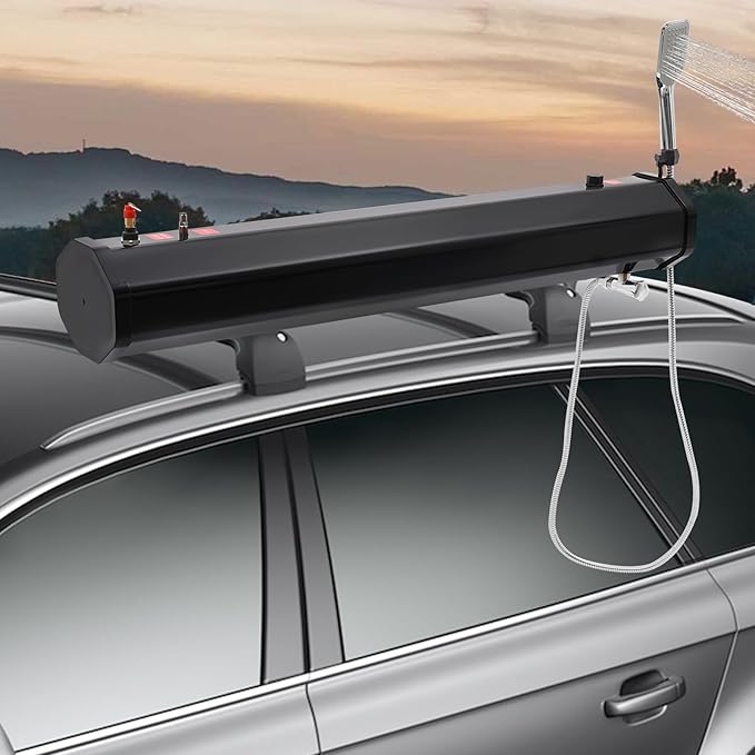 7.93 Gal Portable Water Tank 8.6 * 7 * 45in High Pressure Road Shower Tank Roof Rack Mount Road Shower Outdoor Activities Water Supply with Shower Head for Platform Luggage Rack Roof Tent