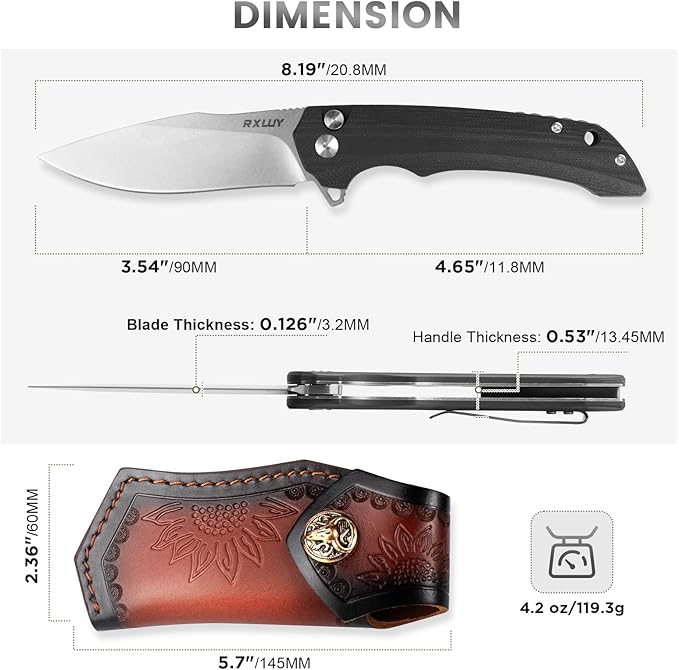 Folding Pocket Knife with Leather Sheath 3.47 N690Co Premium Steel Blade G10 Handle Knives EDC Small Folding Knife for Men Women Outdoor Survival Camping Hiking Knife (Black)